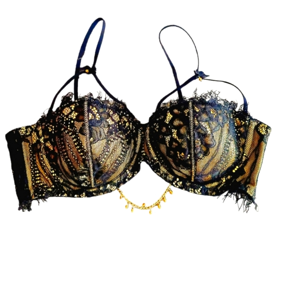 Ellipse Black Lace Gold Accent Chain With Beaded Detail Romantic Elegant Bra